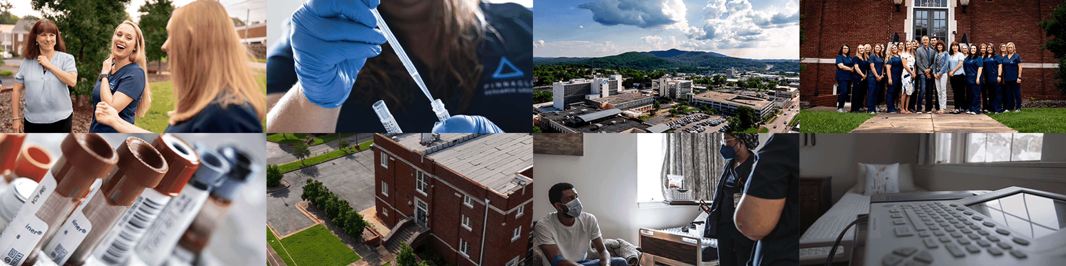 Photo collage of staff, equipment, and building for Pinnacle Research Group