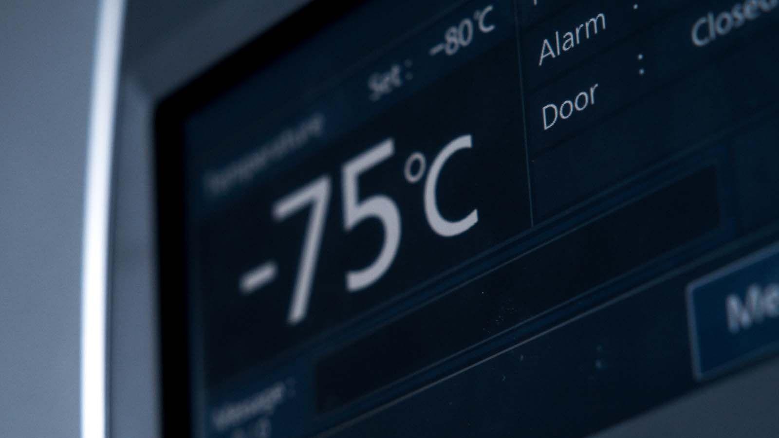 Freezer temperature display at negative 75 degrees Celsius